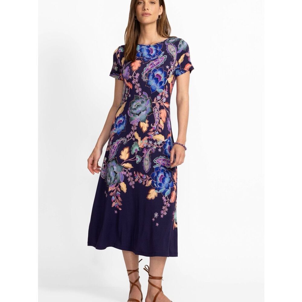 Johnny Was Janie Favorite Boat Neck Cap Sleeve Tee Shirt MIDI Dress Navy Large